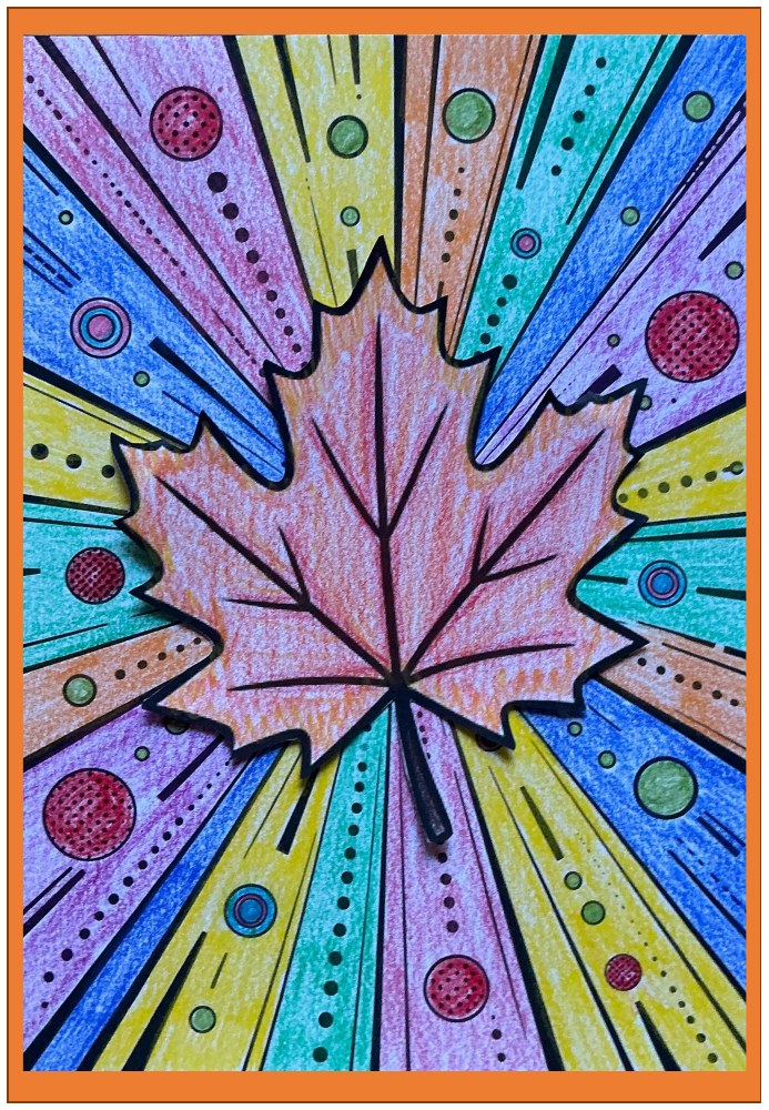Ausgemaltes Ahornblatt auf einem bunten Pop-Art-Hintergrund aus dem Material