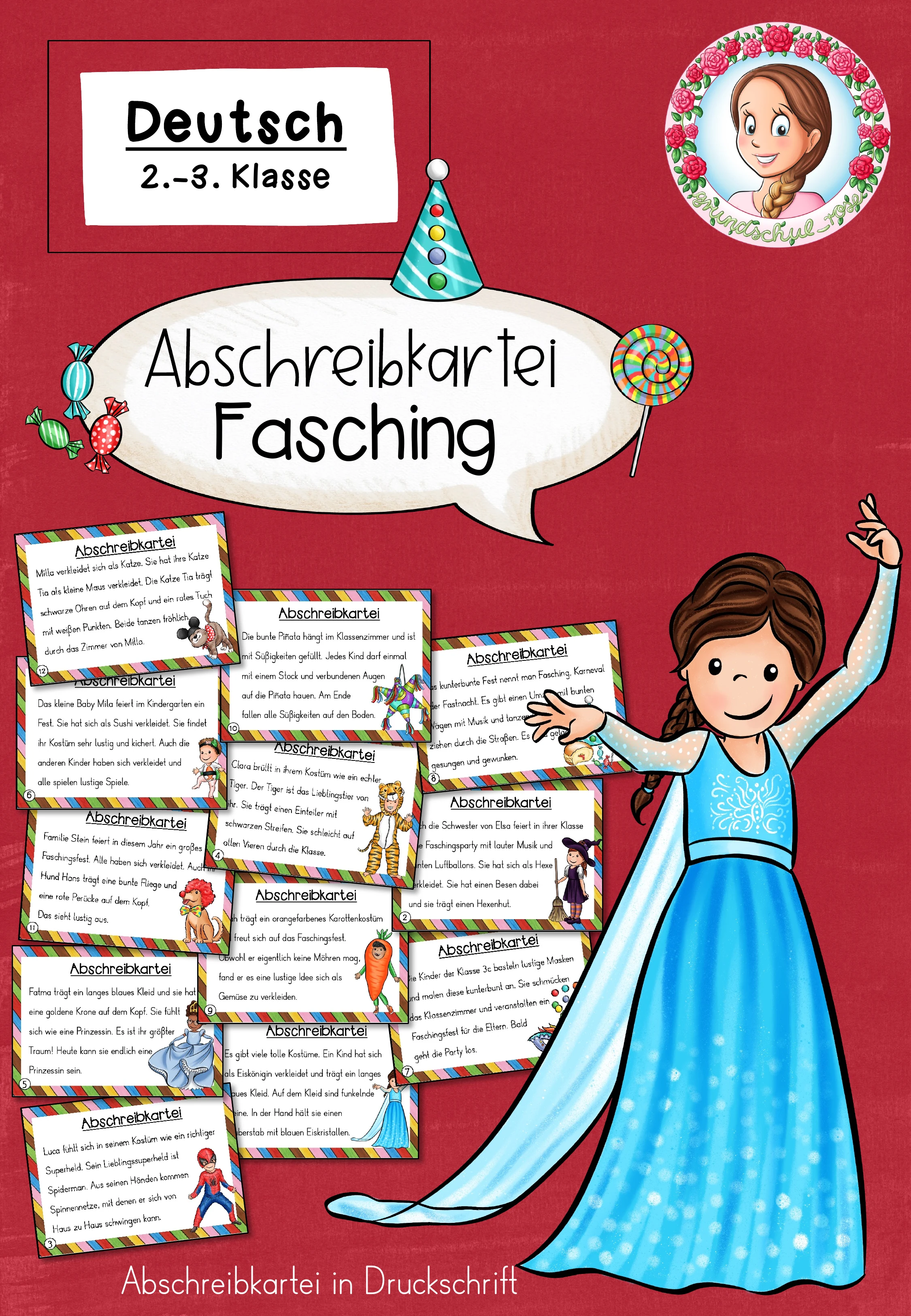 Abschreibübung Abschreibkartei Fasching Druckschrift (Klasse 2 bis 3)