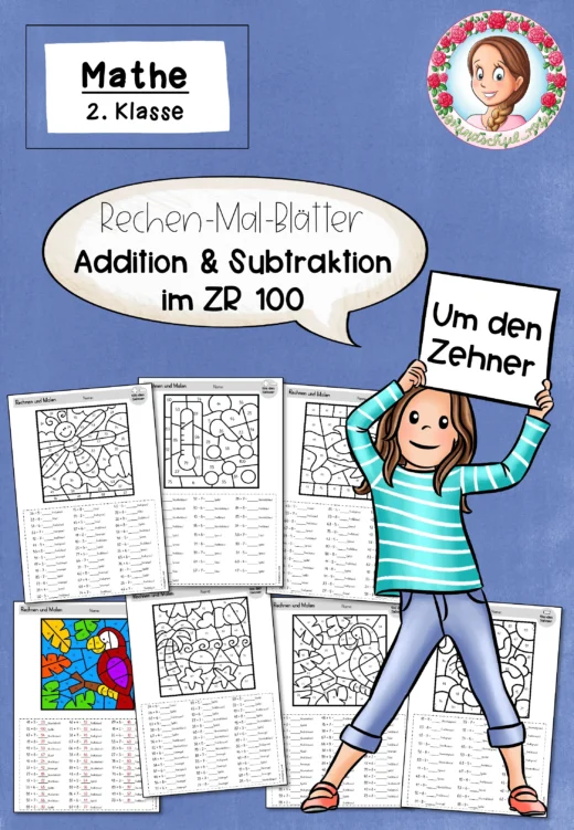 Rechen-Mal-Blätter - Rechnen & Malen - Addition Subtraktion Klasse 2 ZR 100 Zehnerübergang