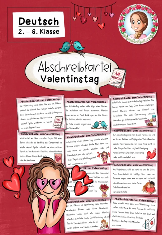 Abschreiben zum Valentinstag: Die verliebte Abschreibkartei (Klasse 2 bis 3) Deutsch