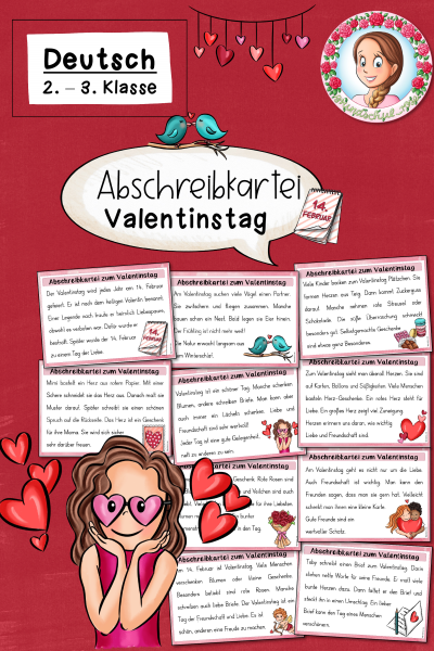 Abschreiben zum Valentinstag: Die verliebte Abschreibkartei (Klasse 2 bis 3) Deutsch (1417791)