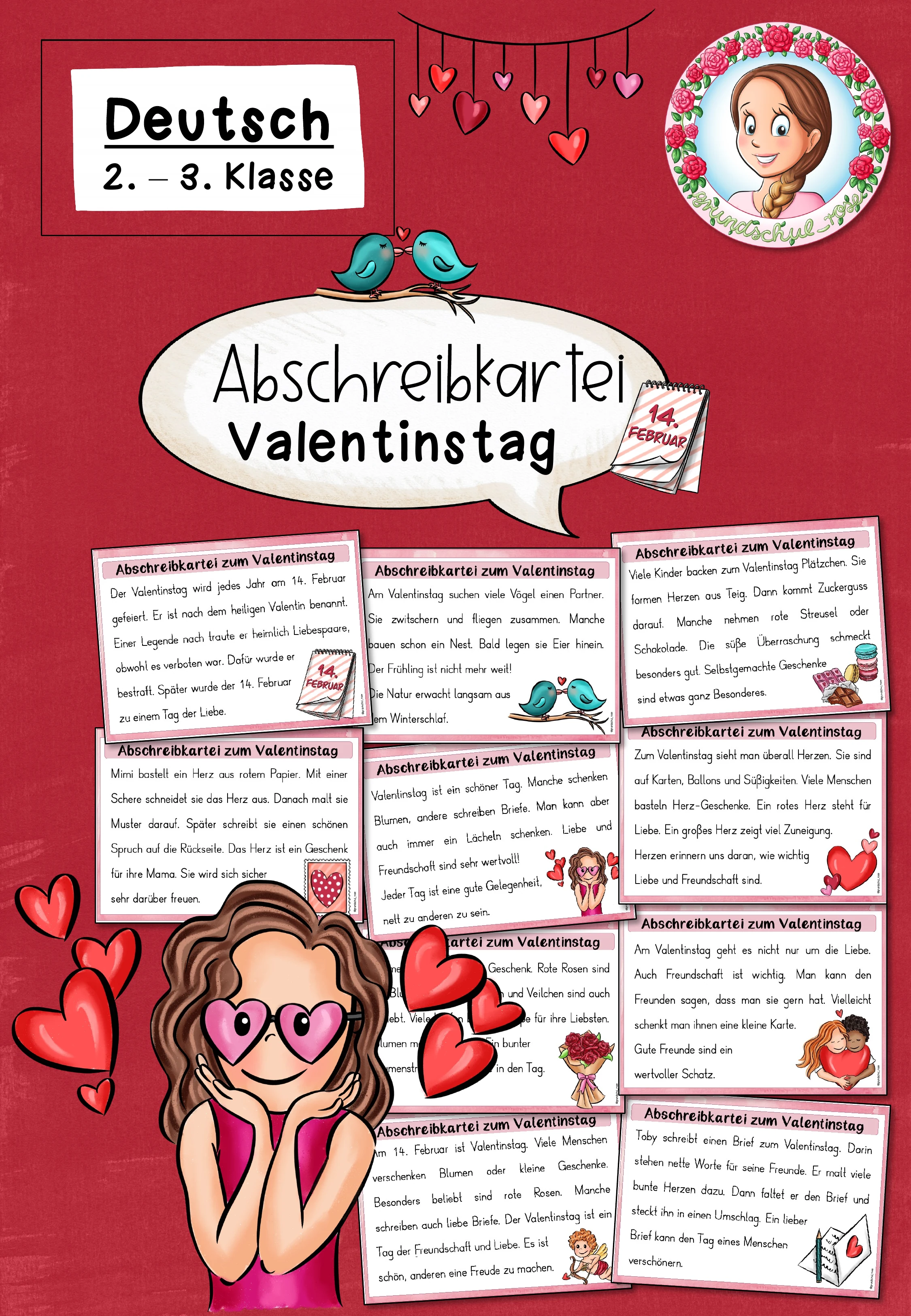 Abschreiben zum Valentinstag: Die verliebte Abschreibkartei (Klasse 2 bis 3) Deutsch