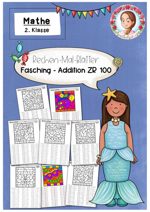 Rechenmalblätter Fasching mit Grundrechenarten für Klasse 2 im ZR 100