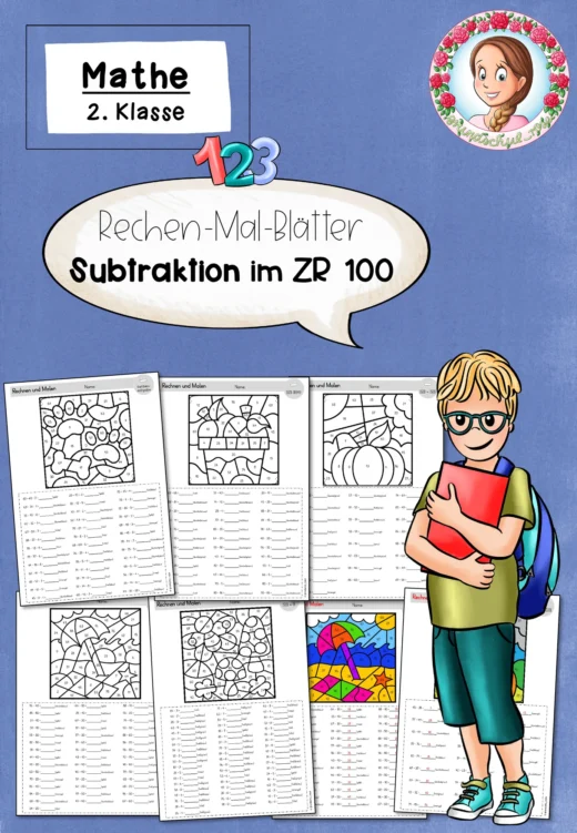 Rechenmalblätter Addition und Subtraktion mit Division für Klasse 2 im ZR 100