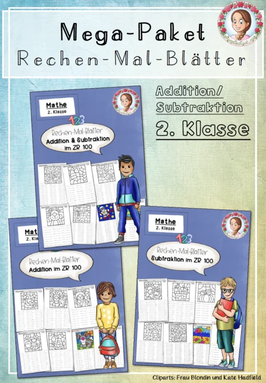 Rechenmalblätter Addition und Subtraktion mit Grundrechenarten für Klasse 2 im ZR 100