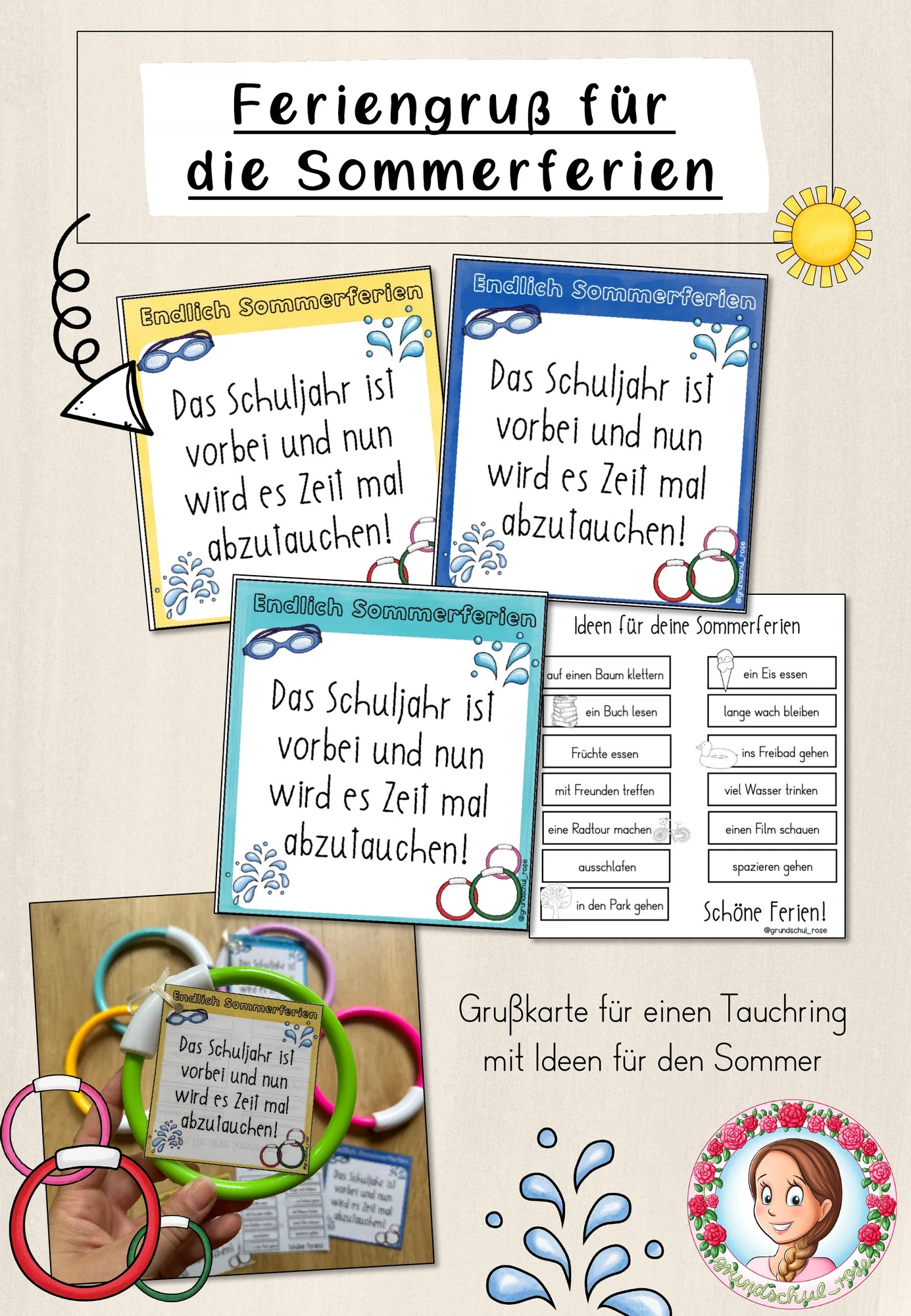 Sommerferien Grußkärtchen Tauchring | Schuljahresende