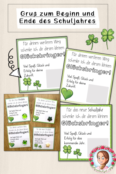 Sommergruß zum Schuljahresbeginn und Schuljahresende  – Grußkärtchen mit Kleeblatt und Muggelstein (1598652)