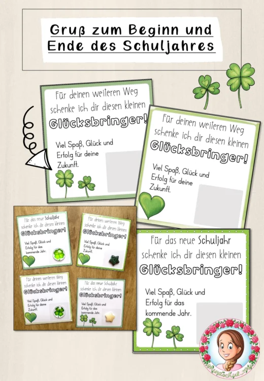 Sommergruß zum Schuljahresbeginn und Schuljahresende  – Grußkärtchen mit Kleeblatt und Muggelstein