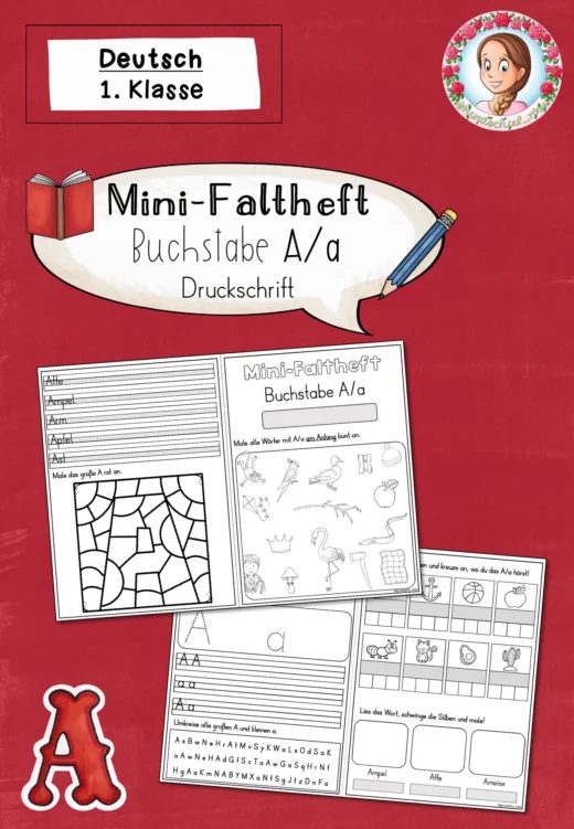 Mini-Faltheft Buchstabeneinführung – Druckschrift Buchstabe A (1. Klasse)