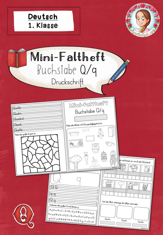 Mini-Faltheft Buchstabeneinführung – Druckschrift Buchstabe Q (1. Klasse)