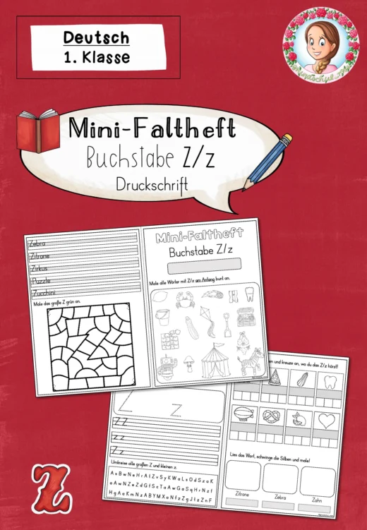 Mini-Faltheft Buchstabeneinführung – Druckschrift Buchstabe Z (1. Klasse)
