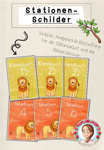 Cover: Löwen-Klasse: Stationsschilder (Classroommanagement) – digitales Unterrichtsmaterial für die Grundschule