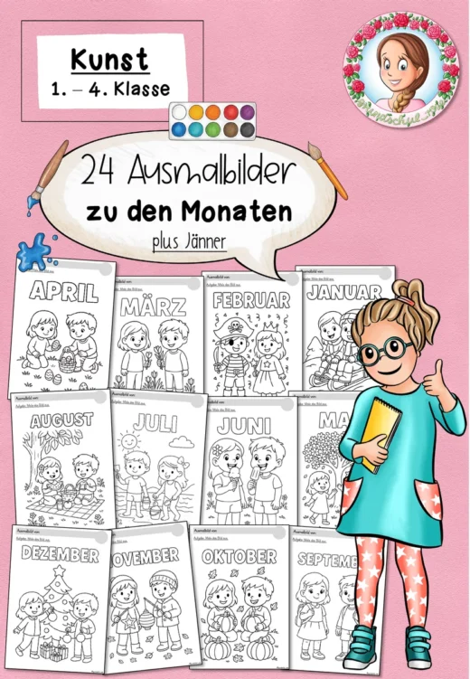 24 Ausmalbilder zu den Monaten / Jahr / Jahreszeiten (1.-4. Klasse) Kunst