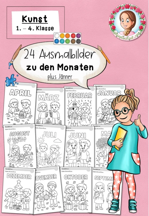 24 Ausmalbilder zu den Monaten / Jahr / Jahreszeiten (1.-4. Klasse) Kunst