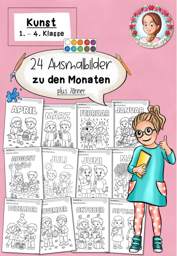 24 Ausmalbilder zu den Monaten / Jahr / Jahreszeiten (1.-4. Klasse) Kunst