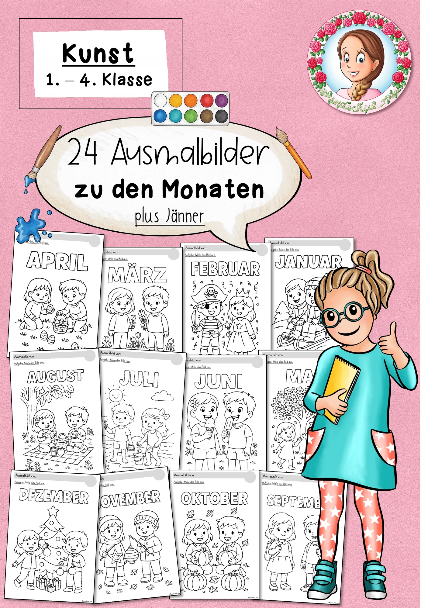 24 Ausmalbilder zu den Monaten / Jahr / Jahreszeiten (1.-4. Klasse) Kunst