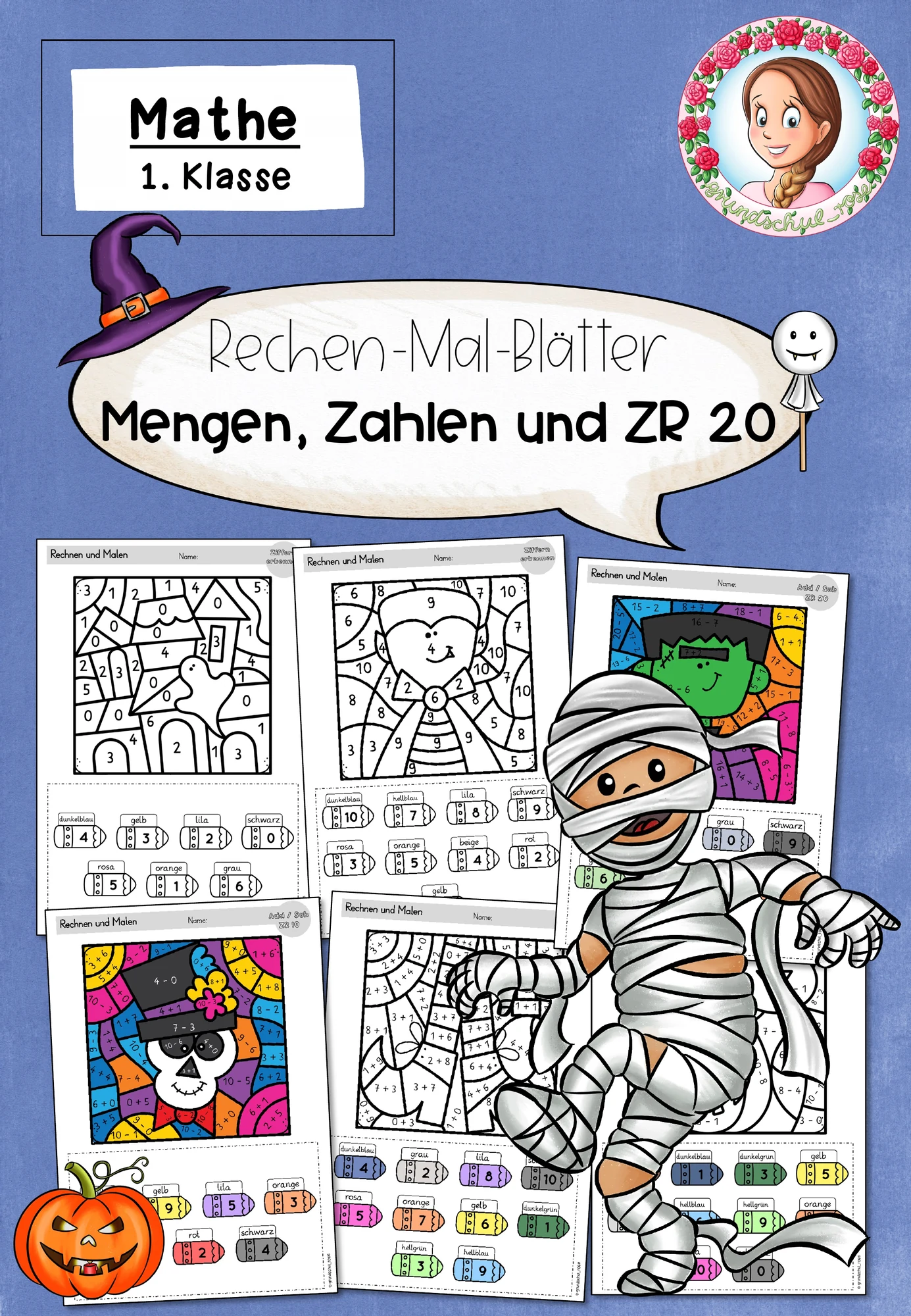 Halloween: Rechen-Mal-Blätter ZR 20 – Rechnen und Malen – 1. Klasse – Ziffern und Mengen erkennen – Addition & Subtraktion