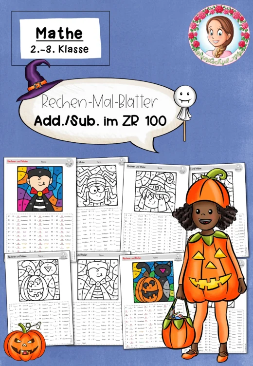 Halloween: Rechenmalblätter ZR 100 – Rechnen und Malen - Addition & Subtraktion Klasse 2