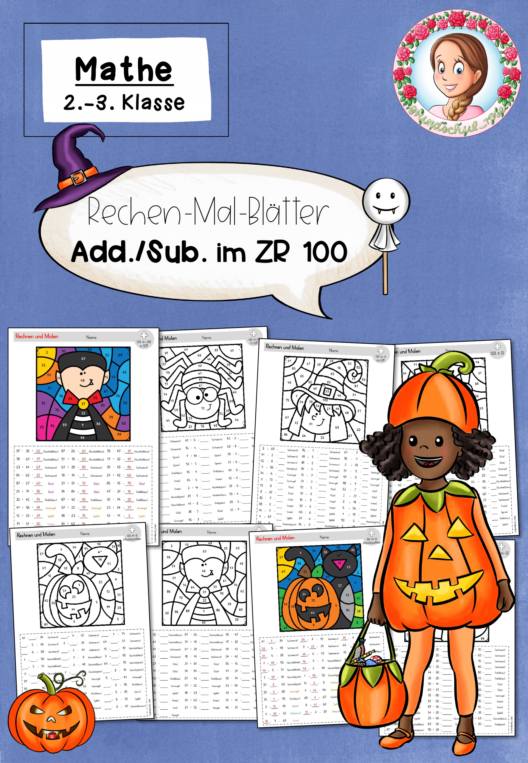 Halloween: Rechenmalblätter ZR 100 – Rechnen und Malen – Addition & Subtraktion Klasse 2 (1741734)