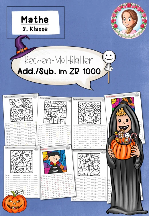 Halloween: Rechenmalblätter ZR 1000 – Rechnen und Malen - Addition & Subtraktion (3. Klasse)