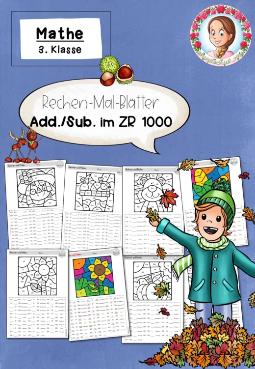 Herbst: Rechenmalblätter – Rechnen und Malen - Addition & Subtraktion im Zahlenraum 1000 (3. Klasse)