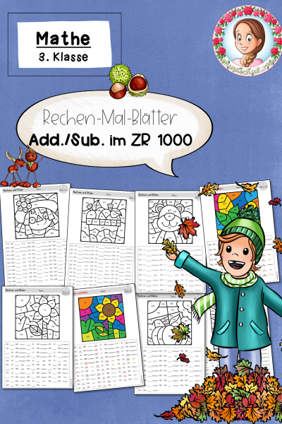 Herbst: Rechenmalblätter – Rechnen und Malen – Addition & Subtraktion im Zahlenraum 1000 (3. Klasse) (1752533)