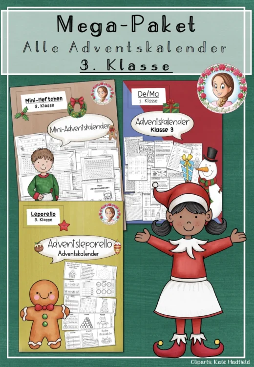 Mega-Paket Adventskalender Weihnachten (3. Klasse) – Tägliche Aufgaben zu Deutsch & Mathe