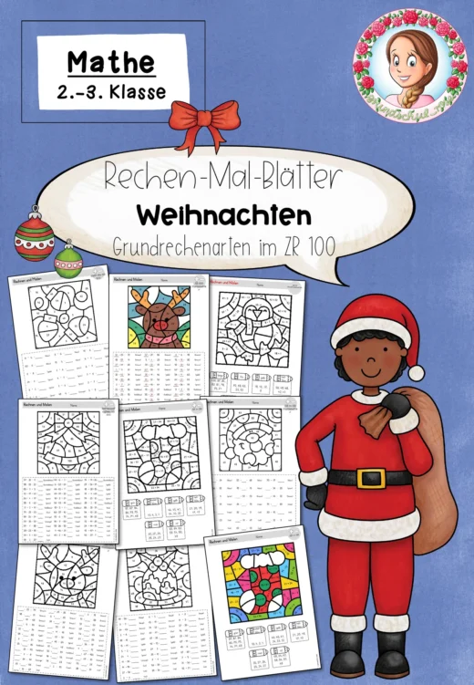 Rechenmalblätter Weihnachten mit Grundrechenarten für Klasse 2 bis 3 im ZR 100