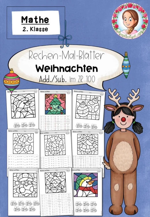 Rechenmalblätter Weihnachten mit Division für Klasse 2 bis 3 im ZR 100