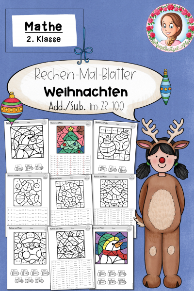 Rechnen und Malen Weihnachten: Rechenmalblätter Addition & Subtraktion (2. bis 3. Klasse – ZR 100) (1793435)