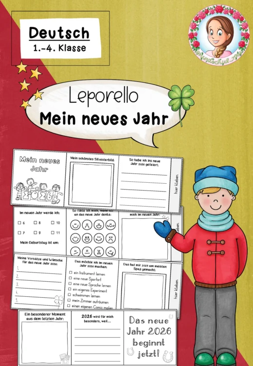 Neujahr 2026: Leporello „Mein neues Jahr“ – Vorsätze, Ziele & Reflexion (Grundschule, Klasse 1–4)