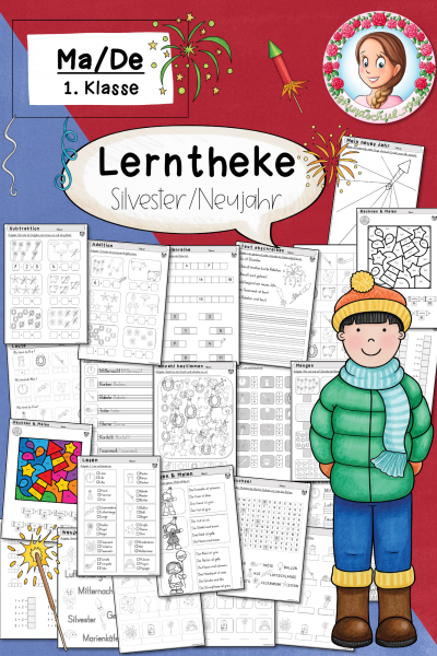 Lerntheke Silvester/Neujahr (Klasse 1) Mathe Deutsch Freiarbeit – 757792