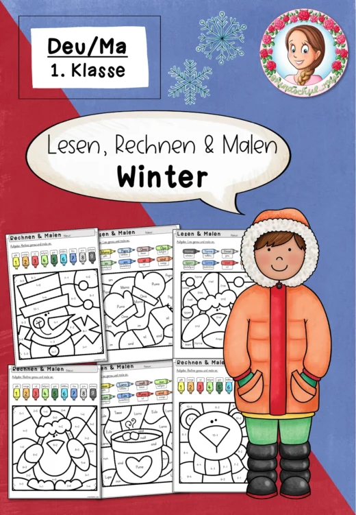 Lesemalblätter und Rechenmalblätter Winter (Klasse 1) Deutsch Mathe