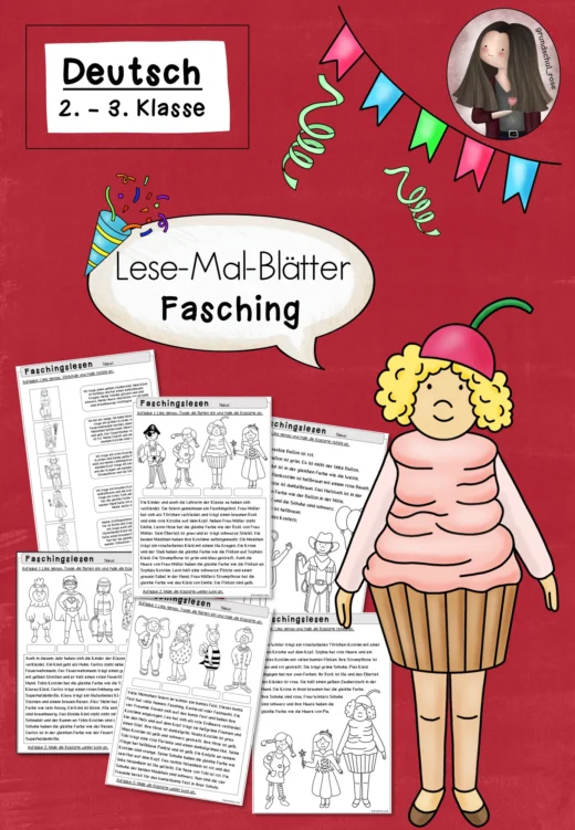 Lesemalblätter Fasching Karneval Klasse 2 bis 3 Leseübung Deutsch