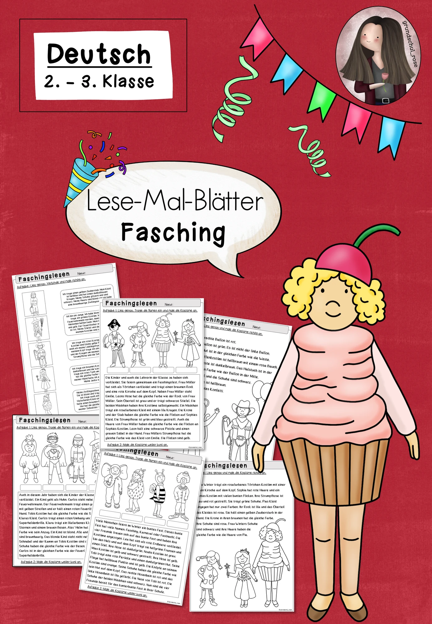 Lesemalblätter Fasching Karneval Klasse 2 bis 3 Leseübung Deutsch