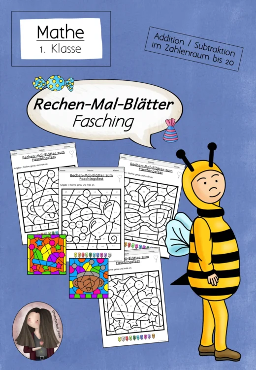 Rechenmalblätter Fasching Klasse 1 ZR 20 Addition Subtraktion