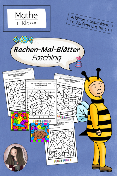 Rechenmalblätter Fasching Klasse 1 ZR 20 (274434)