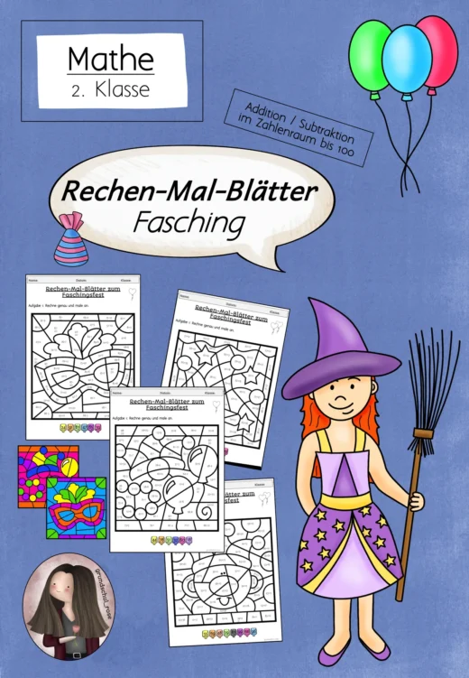 Rechenmalblätter Fasching mit Division für Klasse 2 im ZR 100