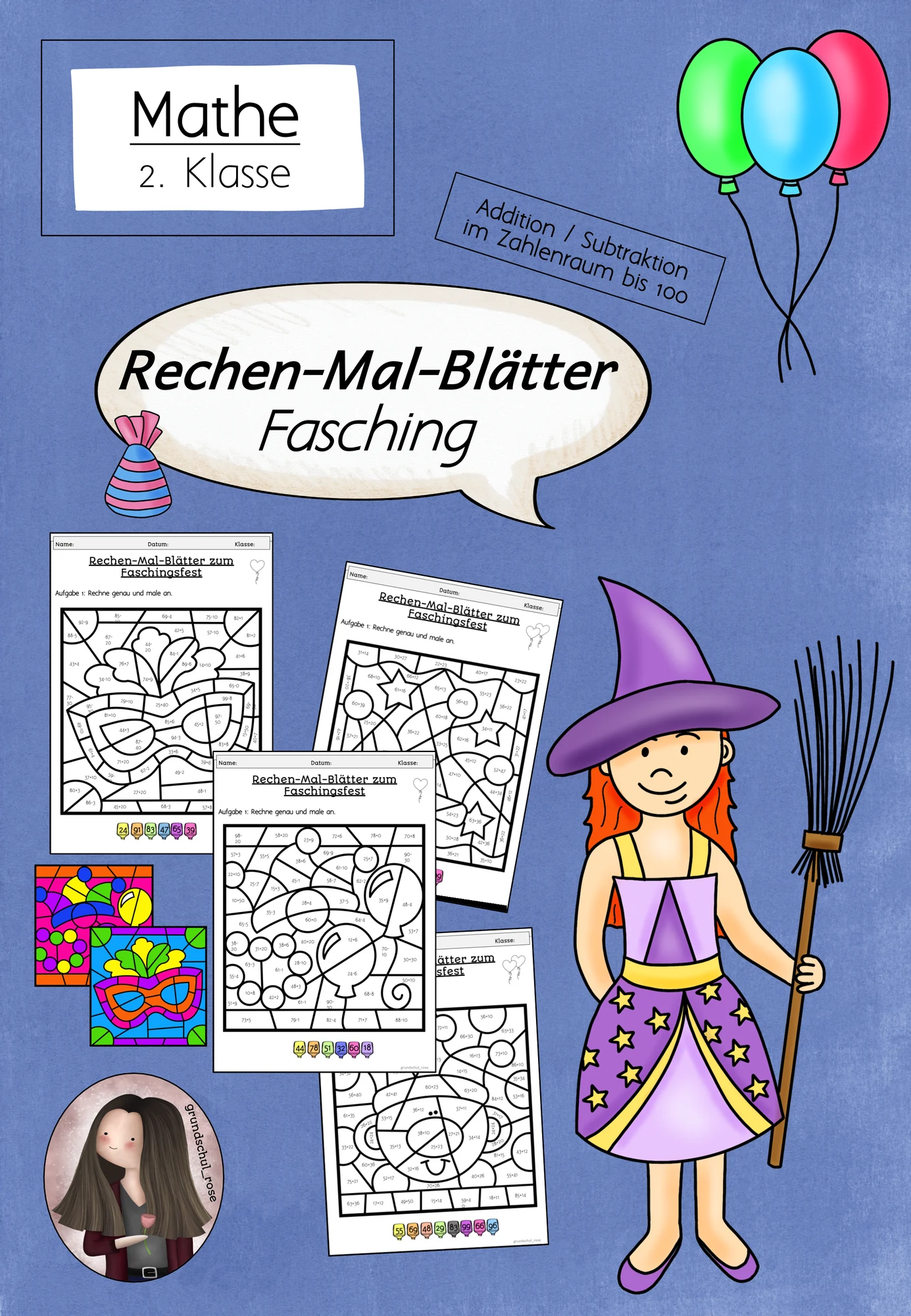 Rechenmalblätter Fasching | Division | ZR 100 | Klasse 2