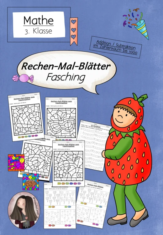Rechnen und Malen: Rechenmalblätter Fasching ZR 1000 Addition Subtraktion Multiplikation Division Klasse 3