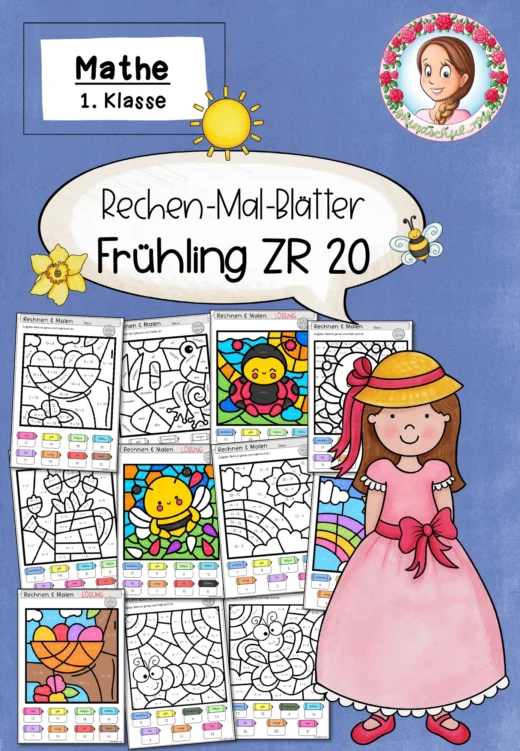 Rechenmalblätter Frühling für Klasse 1 im ZR 20