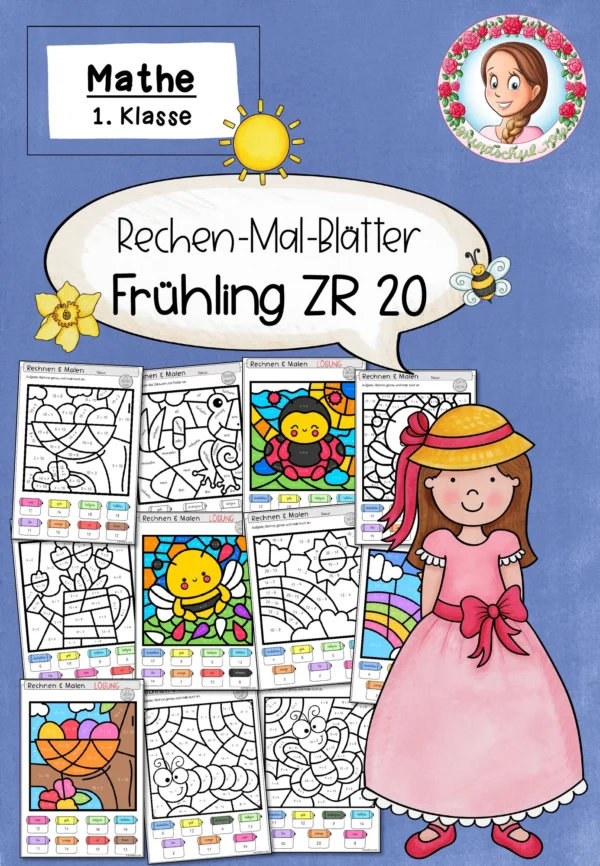 Rechenmalblätter Frühling für Klasse 1 im ZR 20