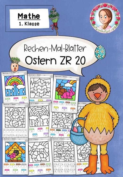 Rechnen und Malen: Rechenmalblätter Ostern Addition Subtraktion Klasse 1 ZR 20