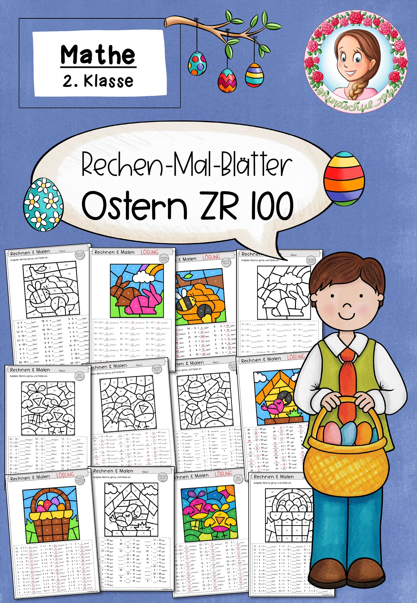 Rechenmalblätter Ostern | Mathe ZR 100 Klasse 2