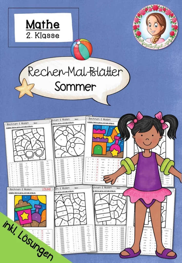 Rechenmalblätter Sommer | Mathe ZR 100 Klasse 2