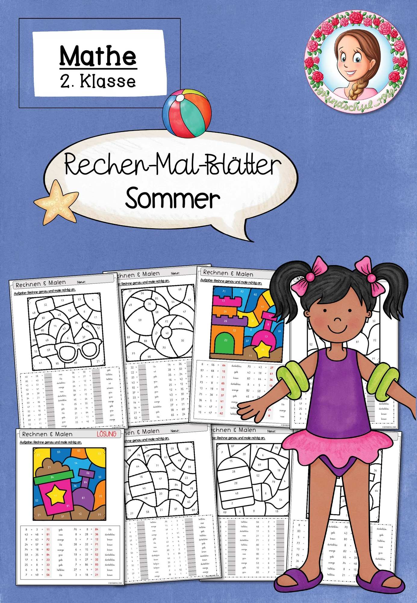 Rechenmalblätter Sommer | Mathe ZR 100 Klasse 2
