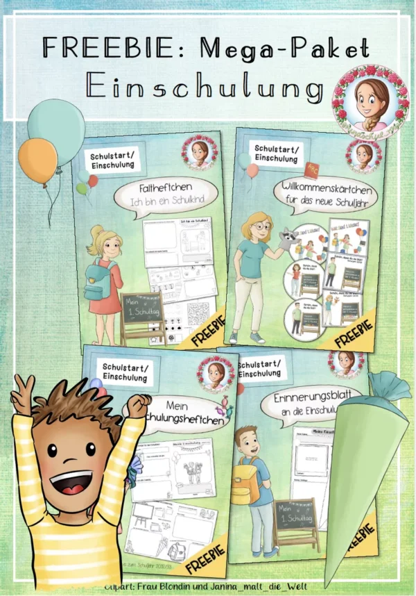 Mega-Paket Einschulung kostenlos | Willkommenskarten, Faltheft & Erinnerungen – Cover für Vorschule, 1. Klasse