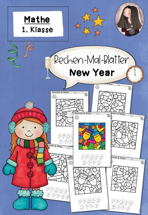 Rechenmalblätter Rechnen und Malen zum Neujahr (1. Klasse)