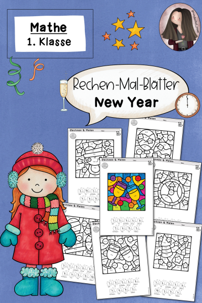 Rechenmalblätter Rechnen und Malen zum Neujahr (1. Klasse) (500954)