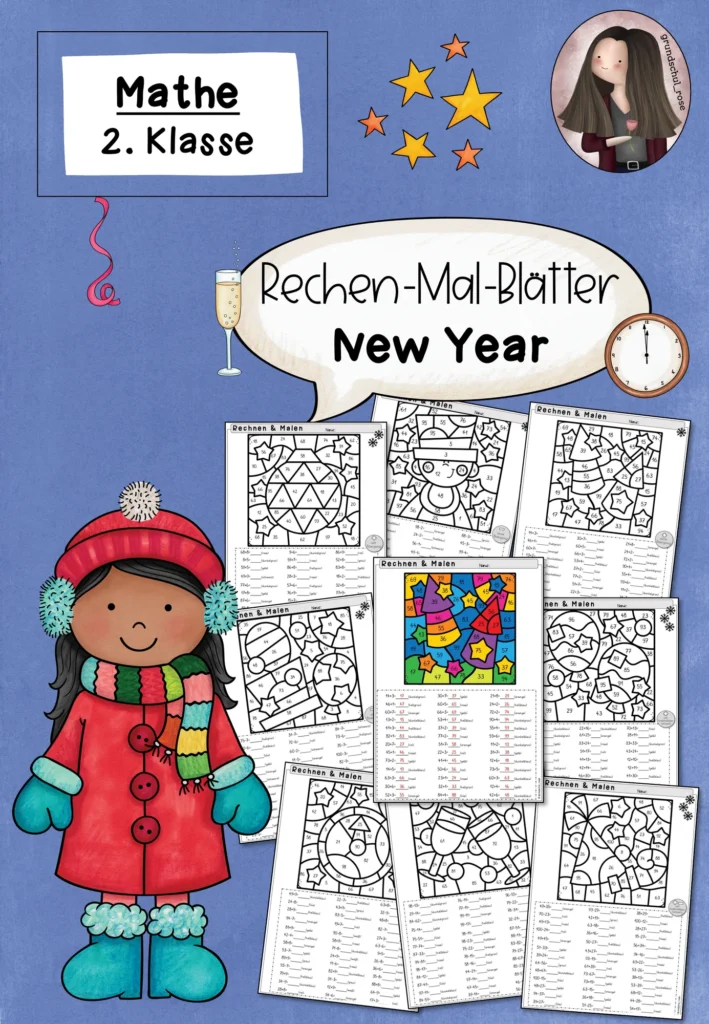 Rechenmalblätter Neujahr Mathematik Klasse 2 - Cover für Klasse 2